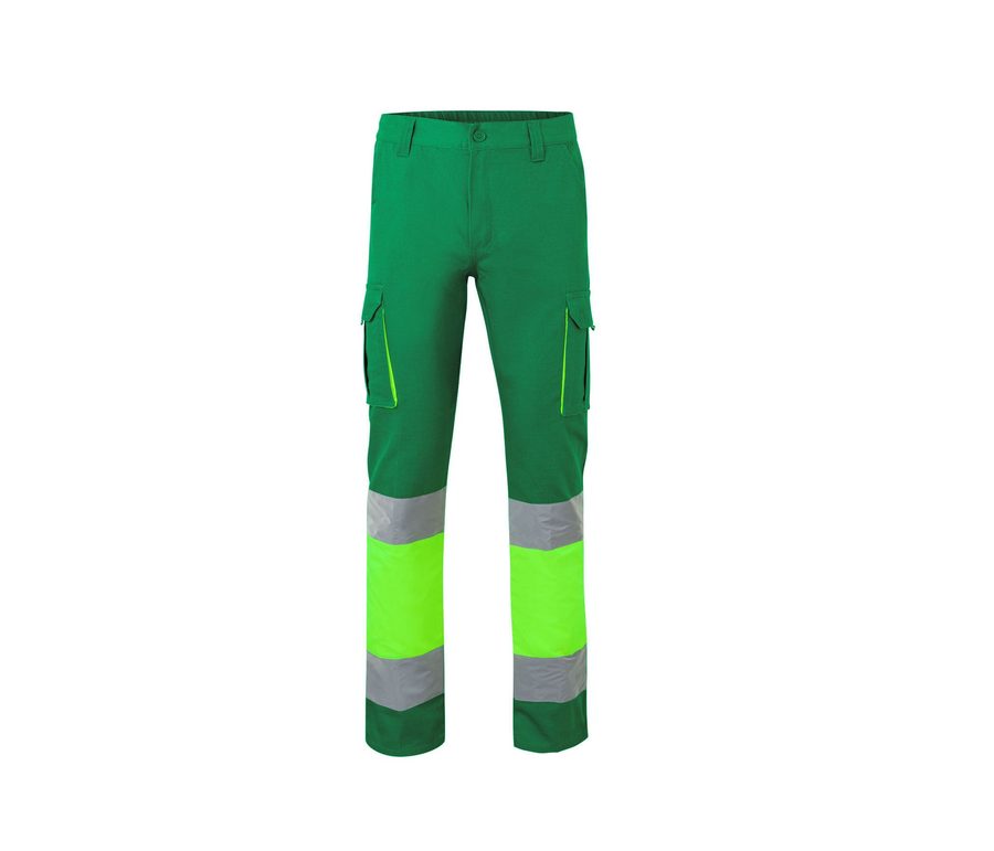 TWO-TONE HIGH VISIBILITY MULTI-POCKET TROUSERS — Farbe GREEN / FLUO YELLOW