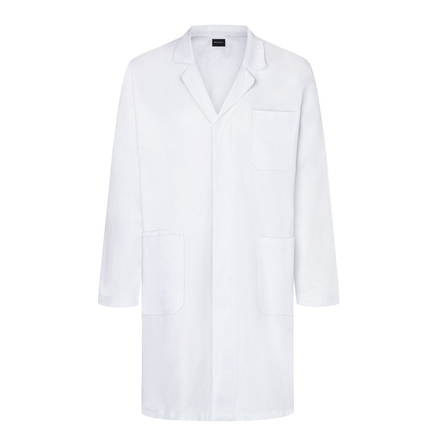 MEN´S MEDICAL AND LAB COAT WITH LAPEL COLLAR AND CONCEALED BUTTON PLACKET — Farbe WHITE