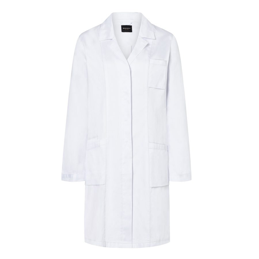 LADIES' MEDICAL AND LAB COAT WITH LABEL COLLAR AND CONCEALED BUTTON PLACKET — Farbe WHITE