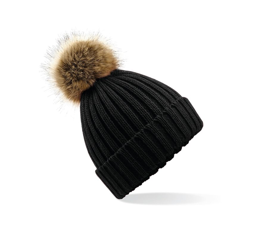 FAUX FUR POP POM CHUNKY BEANIE — Farbe BLACK