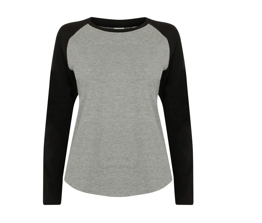 LADIES L/S BASEBALL T — Farbe HEATHER GREY/BLACK
