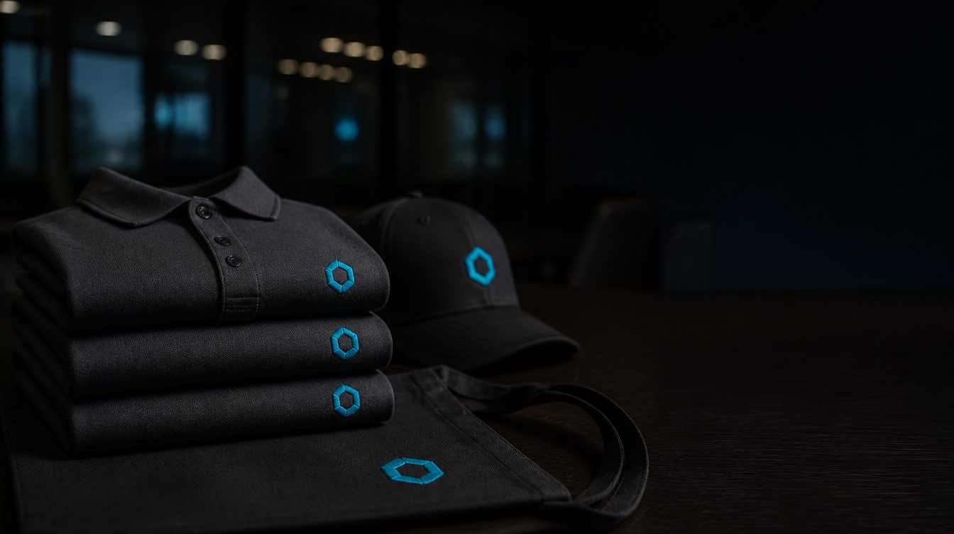 Gefaltete dunkle Polo-Shirts, Cap und Stofftasche mit gesticktem Logo auf Konferenztisch