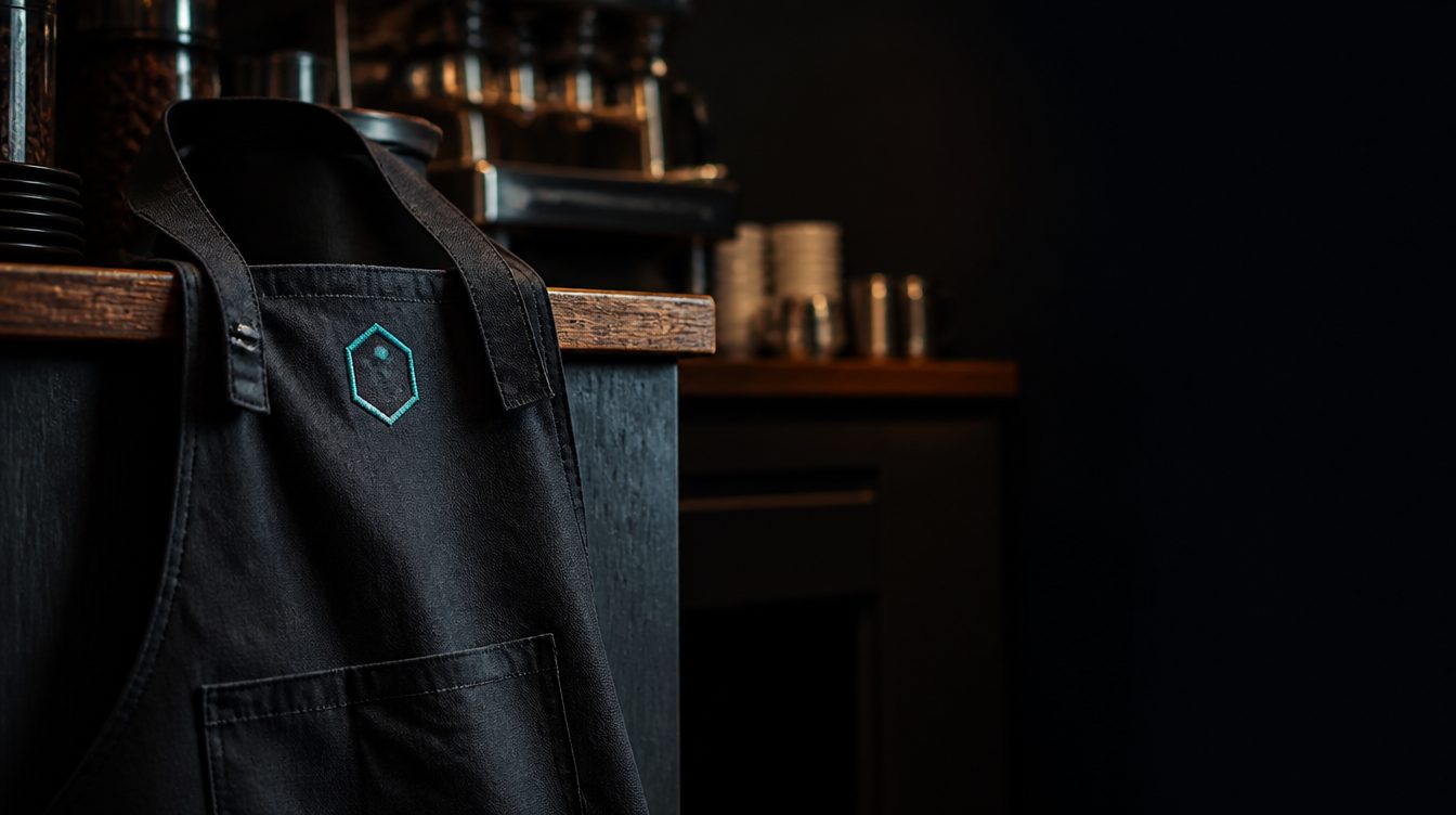 Dunkle Bistroschürze mit gesticktem Emblem an einer Café-Theke