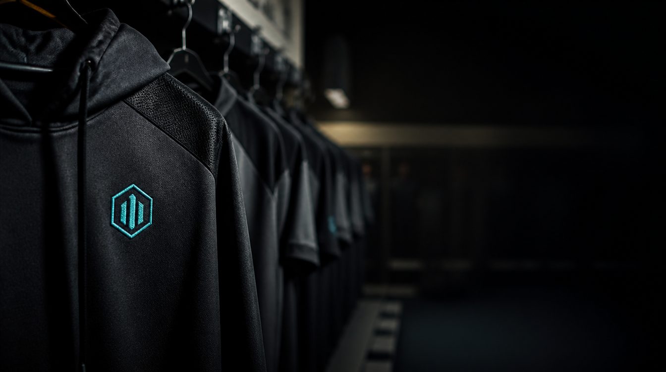Reihe dunkler Team-Hoodies mit besticktem Vereinswappen