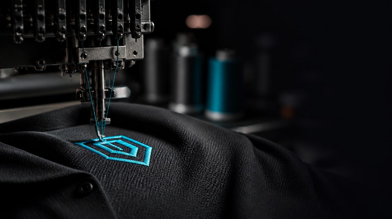 Stickmaschine bestickt dunkles Polo-Shirt mit türkisem Garn
